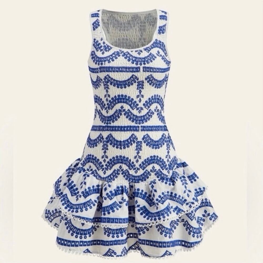 Commense Embroidered Ruffled Sleeveless Mini Dress White  blue crochet sz L